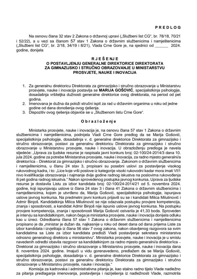 Predlog za postavljenje generalne direktorice Direktorata za gimnazijsko i stručno obrazovanje u Ministarstvu prosvjete, nauke i inovacija