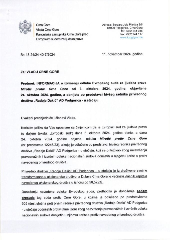 Informacija o izvršenju odluke Evropskog suda za ljudska prava Mirotić protiv Crne Gore (broj predstavke 12246/23) od 3. oktobra 2024. godine, objavljene 24. oktobra 2024. godine