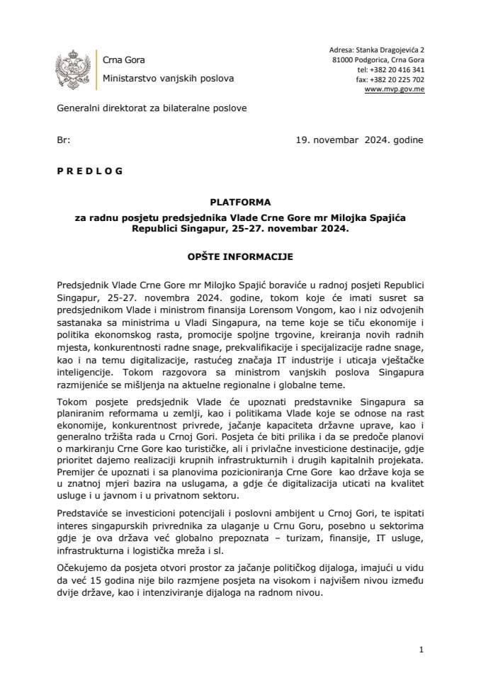 Predlog platforme za radnu posjetu predsjednika Vlade Crne Gore mr Milojka Spajića Republici Singapur, 25-27. novembar 2024. godine