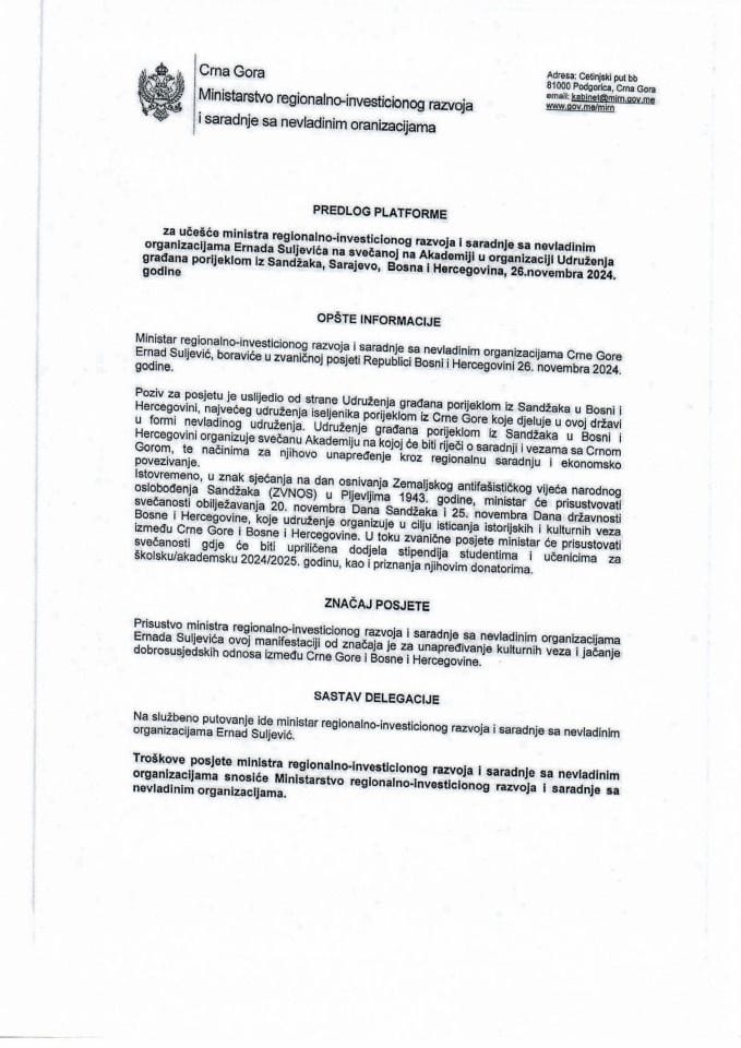 Predlog platforme za učešće ministra regionalno-investicionog razvoja i saradnje sa nevladinim organizacijama Ernada Suljevića na svečanoj Akademiji u organizaciji Udruženja građana porijeklom iz Sandžaka, Sarajevo, BiH, 26. novembra 2024. godine