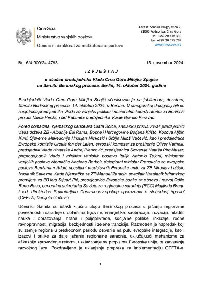 Izvještaj o učešću predsjednika Vlade Crne Gore Milojka Spajića na Samitu Berlinskog procesa, Berlin, 14. oktobar 2024. godine