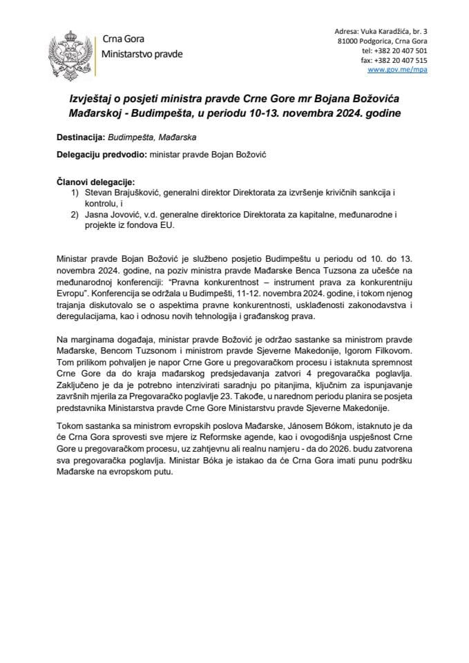 Izvještaj o posjeti ministra pravde Crne Gore mr Bojana Božovića Mađarskoj - Budimpešta, u periodu 10-13. novembra 2024. godine