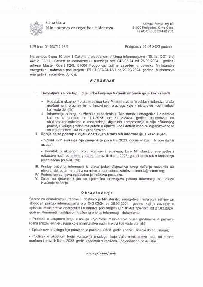 Rješenje UPI 01-037/24-16/2 djelimičnom usvajanju zahtjeva za slobodan pristup informacijama po zahtjevu CDT