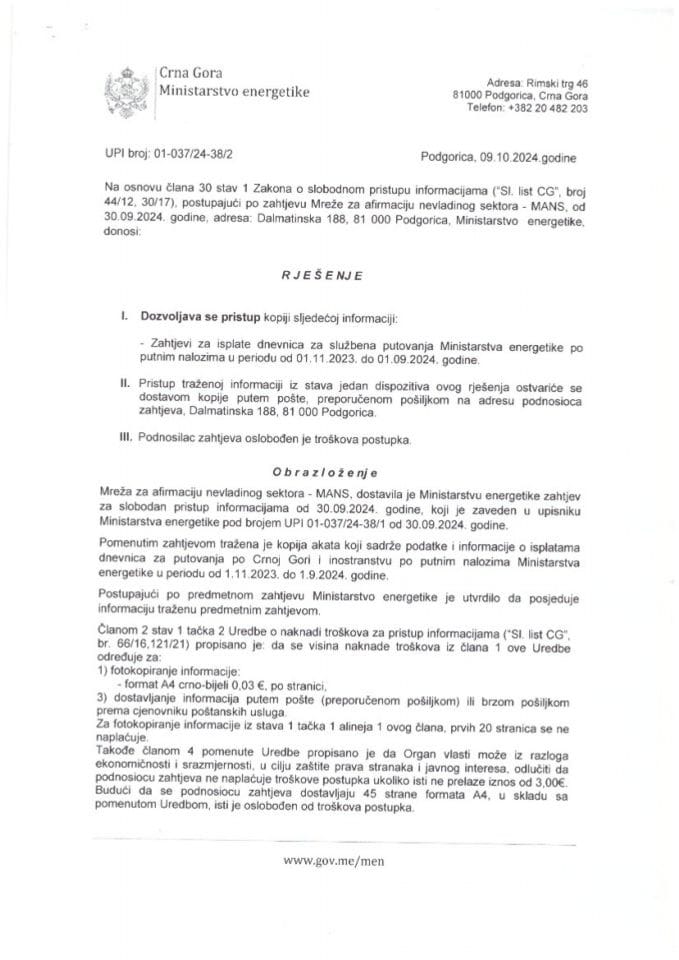Rješenje UPI 01-037/24-38/2 o dostavljanju podataka po zahtjevu za slobodan pristup informacijama po zahtjevu Mreže za afirmaciju nevladinog sektora MANS