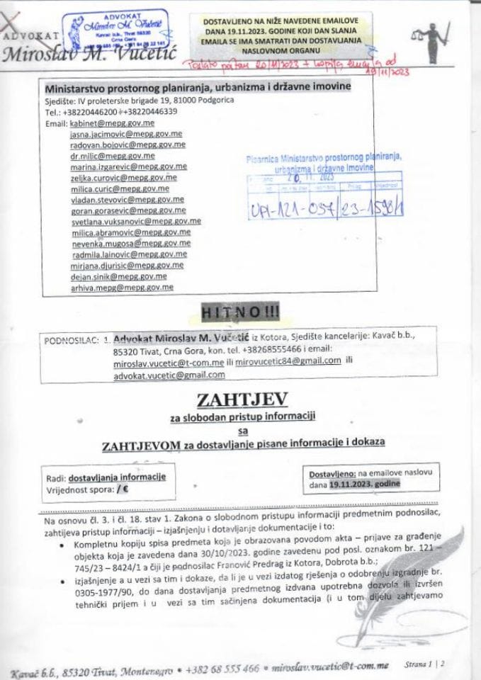 Zahtjevi- Slobodan pristup informacijama - UPI 121-037-23-1598-1 ZAHTJEV MIROSLAV M. VUCETIC