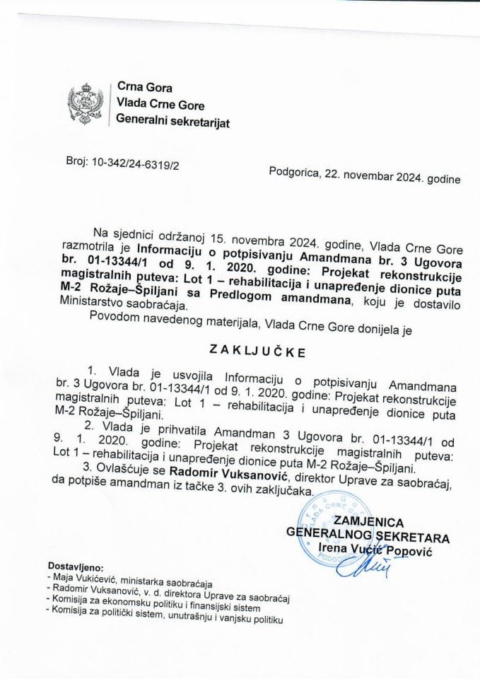 Informacija o potpisivanju Amandmana br. 3 Ugovora br. 01-13344/1 od 09.01.2020. godine: Projekat rekonstrukcije magistralnih puteva: Lot 1 - rehabilitacija i unaprjeđenje dionice puta M-2 Rožaje-Špiljani - zaključci