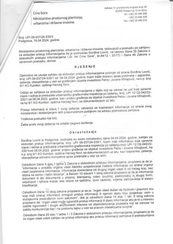 Rješenja - Slobodan pristup informacijama - UPI 09-037-24-539-3 RJESENJE ĐORĐINA LOVRIC