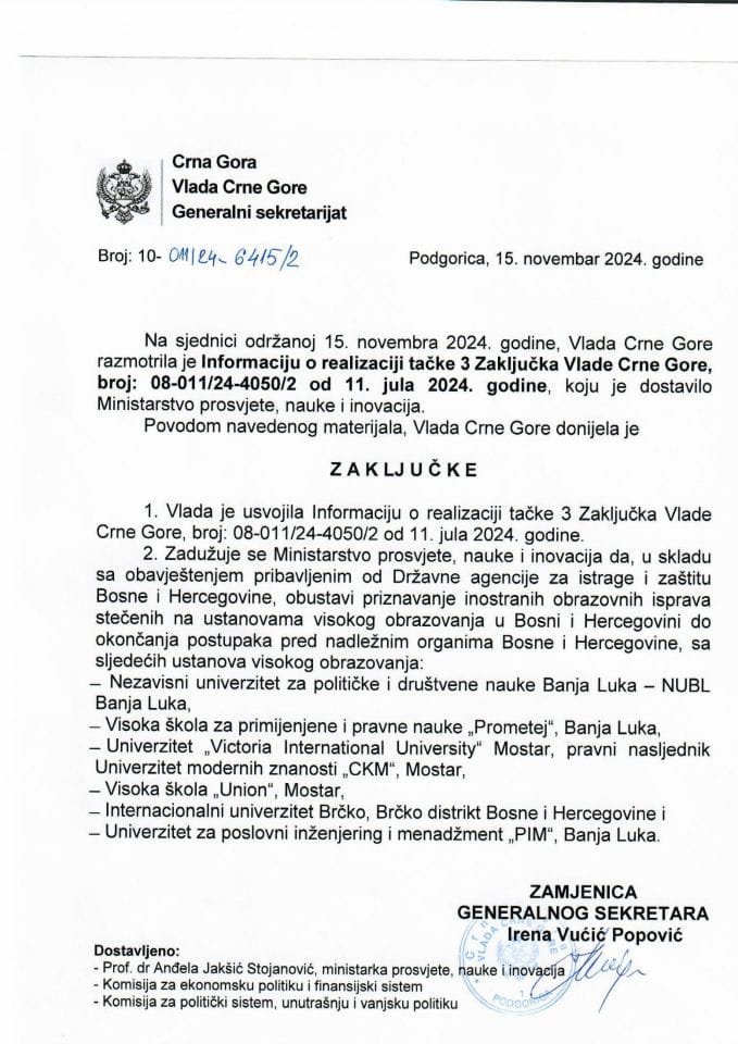 Informacija o realizaciji tačke 3. Zaključka Vlade Crne Gore, broj: 08-011/24-4050/2 od 11. jula 2024. godine - zaključci