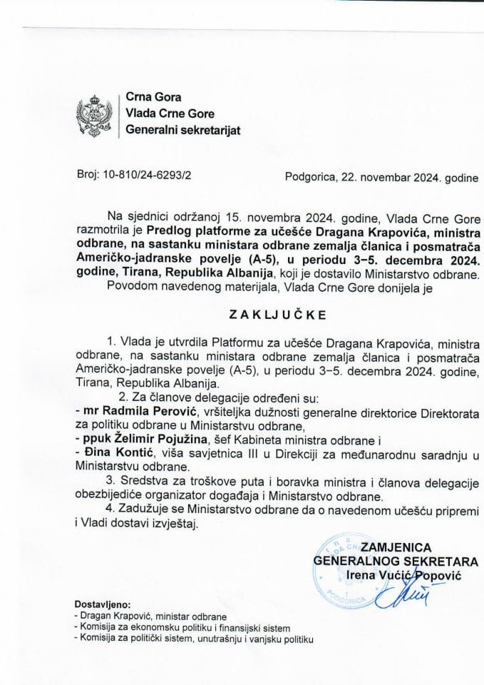 Predlog platforme za učešće Dragana Krapovića, ministra odbrane, na sastanku ministara odbrane zemalja članica i posmatrača Američko-jadranske povelje (A-5), u periodu od 3. do 5. decembra 2024. godine, Tirana, Republika Albanija - zaključci