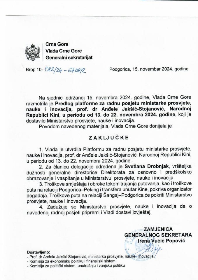 Predlog platforme za radnu posjetu ministarke prosvjete, nauke i inovacija, prof. dr Anđele Jakšić-Stojanović, Narodnoj Republici Kini, u periodu od 13. do 22. novembra 2024. godine - zaključci