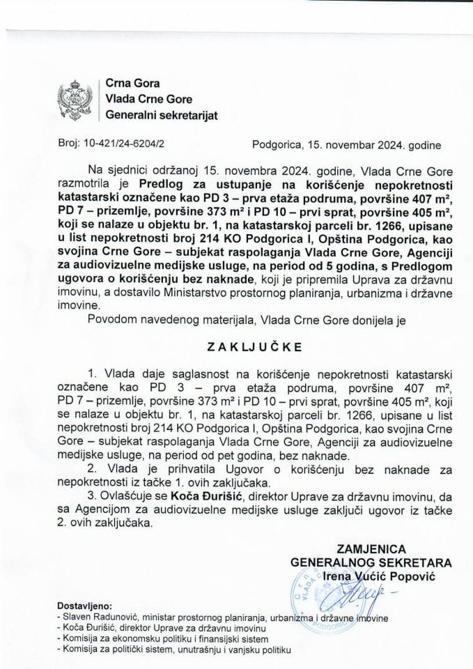 Predlog za ustupanje na korišćenje nepokretnosti na katastarskoj parceli br. 1266, 214 KO Podgorica I, kao svojina CG - subjekat raspolaganja Vlada, Agenciji za audiovizuelne medijske usluge na period od 5 - zaključci