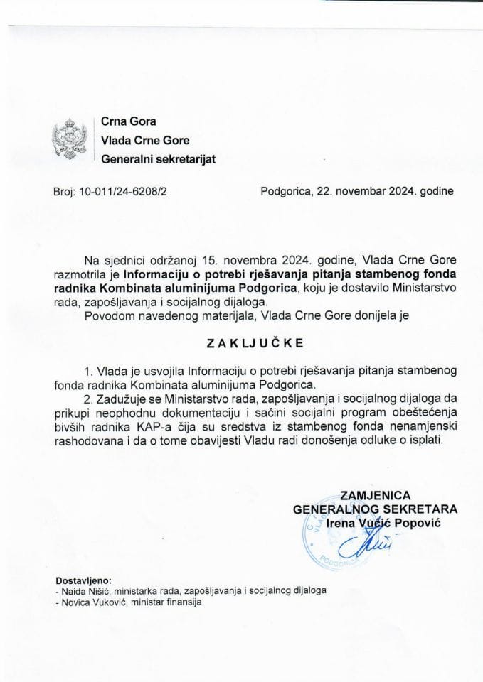 Информација о потреби рјешавања питања стамбеног фонда радника Комбината алуминијума Подгорица - закључци