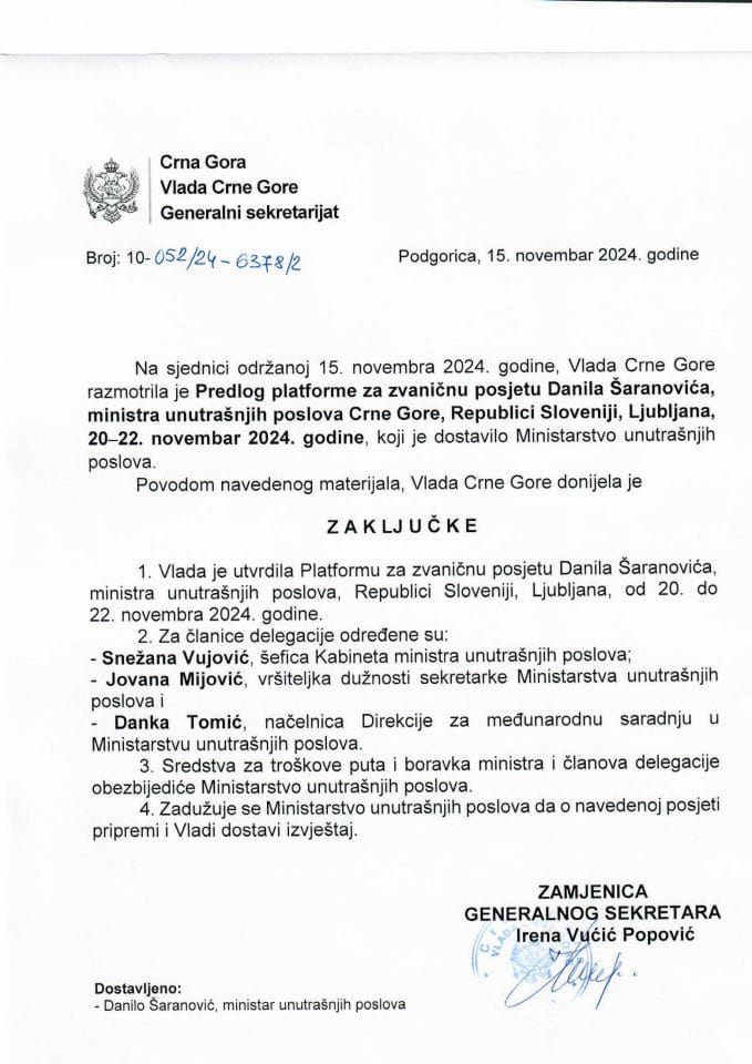 Prijedlog platforme za zvaničnu posjetu Danila Šaranovića, ministra unutrašnjih poslova Crne Gore, Republici Sloveniji, Ljubljana, 20-22. novembar 2024. godine - zaključci