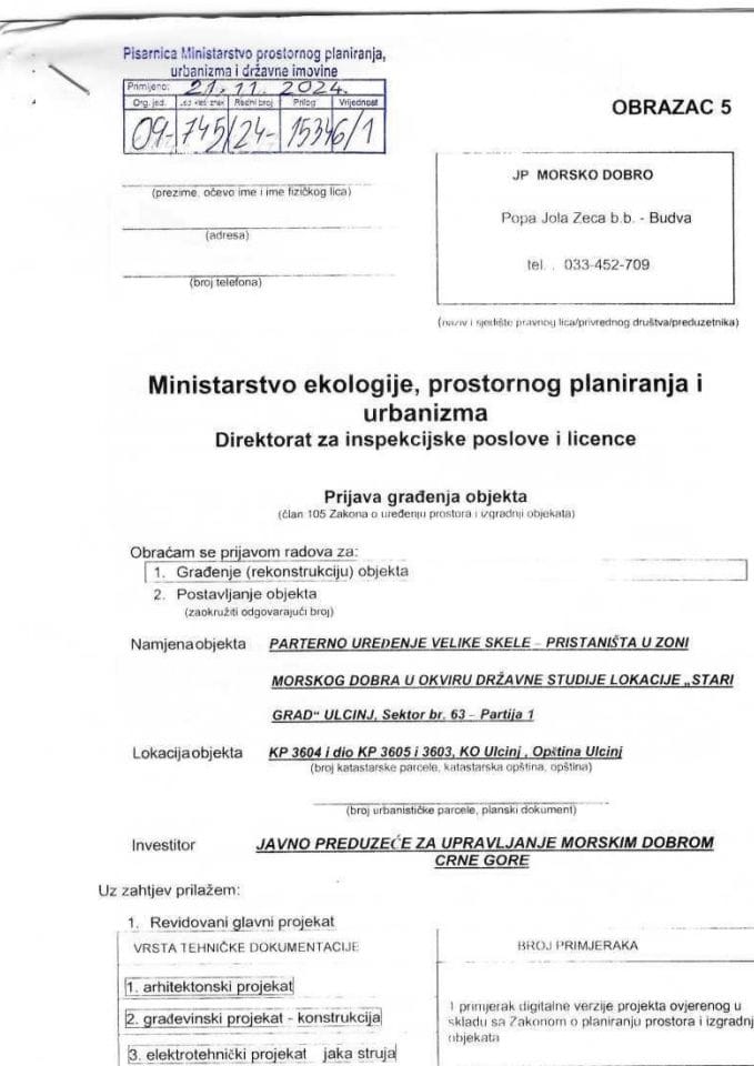 Prijava građenja objekta - JP MORSKO DOBRO 09-745-24-15346-1