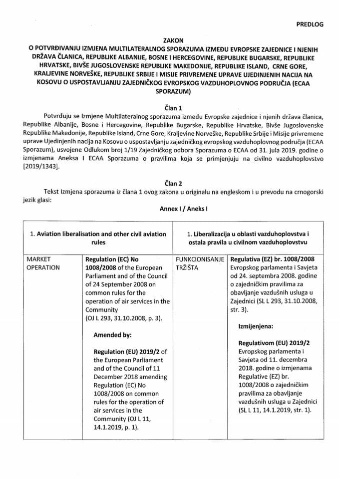 Predlog zakona o potvrđivanju izmjena Multilateralnog sporazuma o uspostavljanju zajedničkog evropskog vazduhoplovnog područja (ECAA Sporazum)