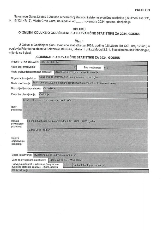 Predlog odluke o izmjeni Odluke o Godišnjem planu zvanične statistike za 2024. godinu
