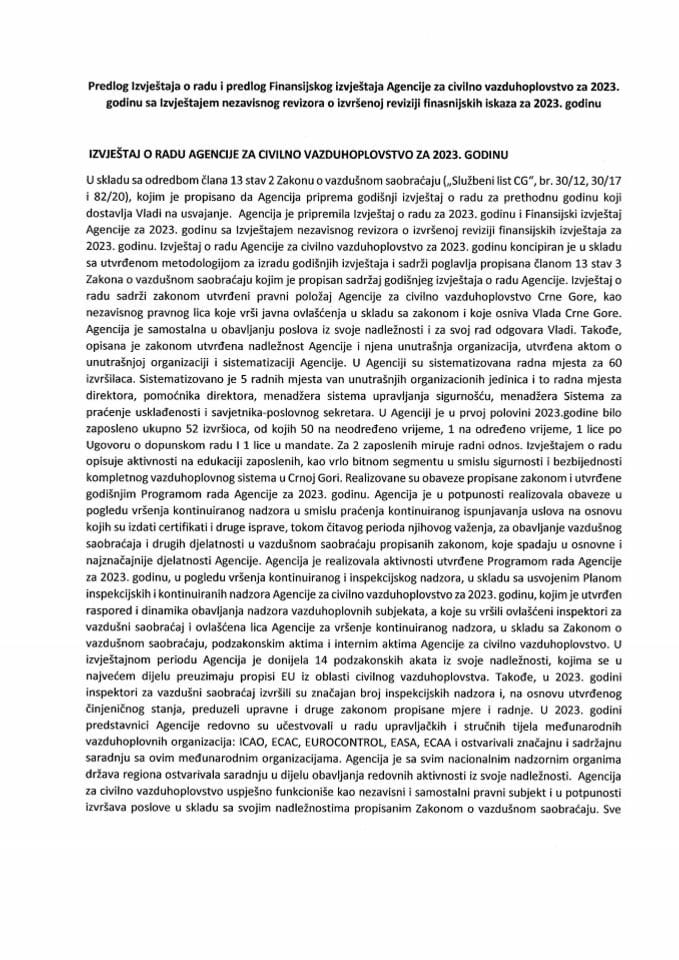 Izvještaj o radu, Finansijski izvještaj Agencije za civilno vazduhoplovstvo za 2023. godinu sa Izvještajem o izvršenoj reviziji finansijskih izvještaja za 2023. godinu