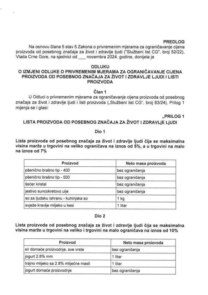 Predlog odluke o izmjeni Odluke o privremenim mjerama za ograničavanje cijena proizvoda od posebnog značaja za život i zdravlje ljudi i listi proizvoda