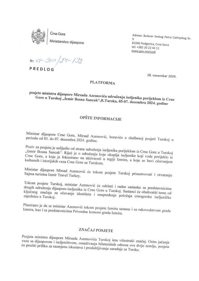 Predlog platforme za posjetu ministra dijaspore Mirsada Azemovića udruženju iseljenika porijeklom iz Crne Gore u Turskoj "Izmir Bosna Sancak", Republika Turska, 5-7. decembra 2024. godine