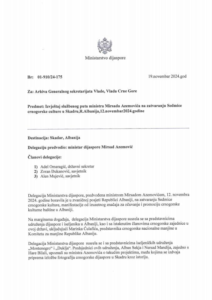 Izvještaj sa službenog puta ministra Mirsada Azemovića na zatvaranju Sedmice crnogorske kulture u Skadru, Republika Albanija,12. novembar 2024. godine