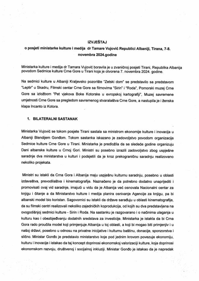 Izvještaj o posjeti ministarke kulture i medija dr Tamare Vujović, Republici Albaniji, Tirana, 7−8. novembra 2024. godine