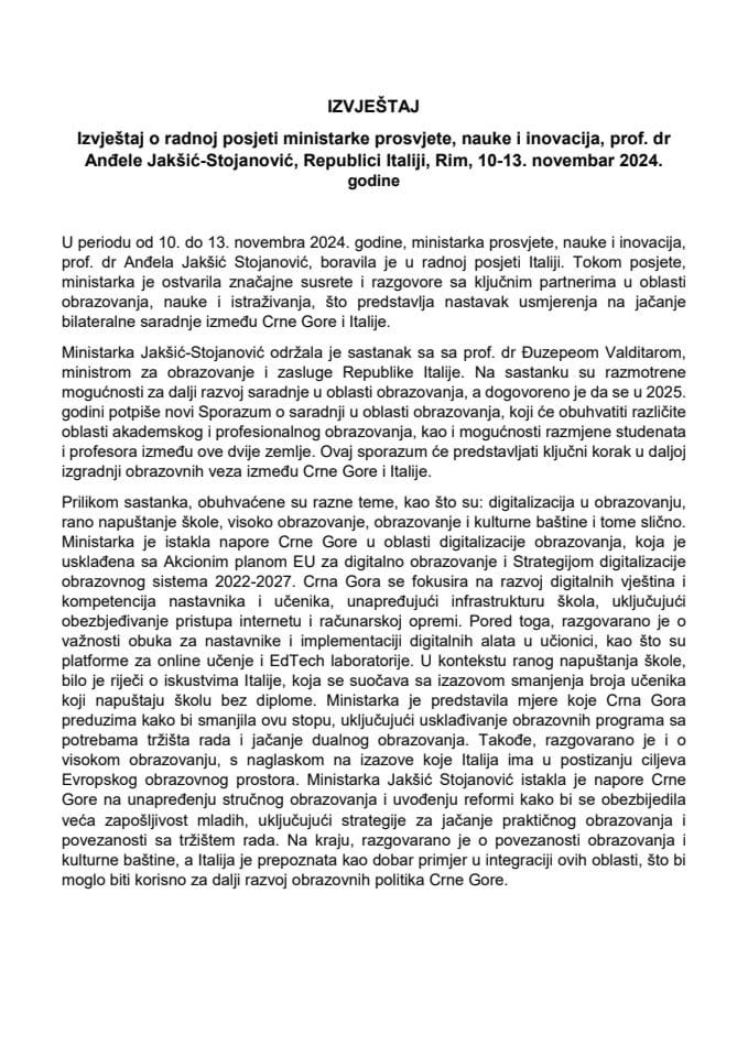 Izvještaj o radnoj posjeti ministarke prosvjete, nauke i inovacija prof. dr Anđele Jakšić-Stojanović, Republici Italiji, Rim, 10−13. novembar 2024. godine