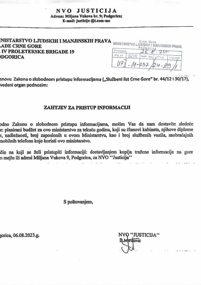 Zahtjev za SPI Justicija - UPI 011-037/24-29/1, Rješenje UPI 01-037/24-29/2, Odgovor UPI 01-037/24-29/3