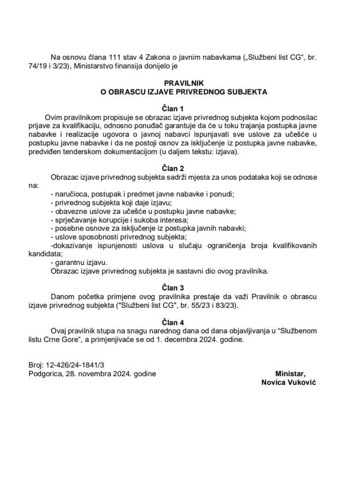 Pravilnik o obrascu Izjave privrednog subjekta