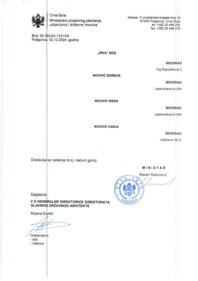 Rješenja glavnog državnog arhitekte - 02.12.2024 Rješenje -IRVA DOO-Beograd, Nicović Đorđije, Nicović Irena i Nicović Vanja -Opština Kolašin