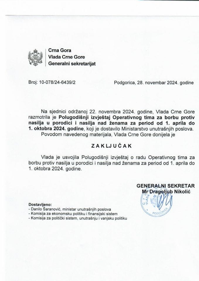 Polugodišnji izvještaj o radu Operativnog tima za borbu protiv nasilja u porodici i nasilja nad ženama, za period od 01. aprila do 01. oktobra 2024. godine - zaključci