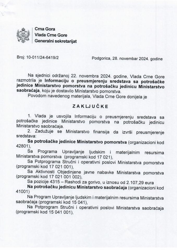 Informacija o preusmjerenju sredstava sa potrošačke jedinice Ministarstvo pomorstva na potrošačku jedinicu Ministarstvo saobraćaja - zaključci