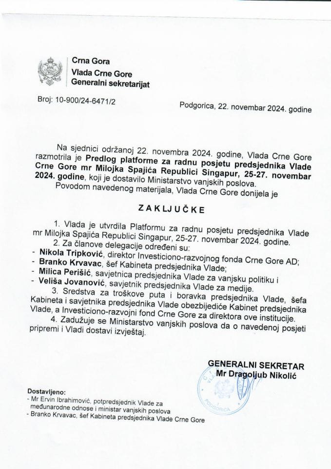 Predlog platforme za radnu posjetu predsjednika Vlade Crne Gore mr Milojka Spajića Republici Singapur, 25-27. novembar 2024. godine - zaključci