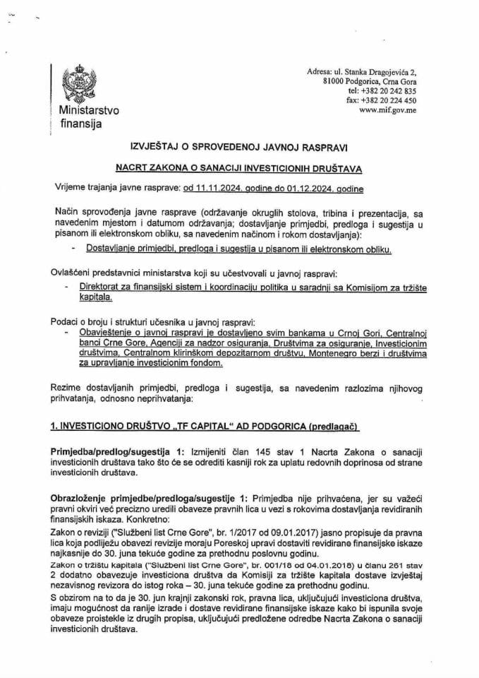 Izvještaj o sprovedenoj javnoj raspravi za Nacrt zakona o sanaciji investicionih društava