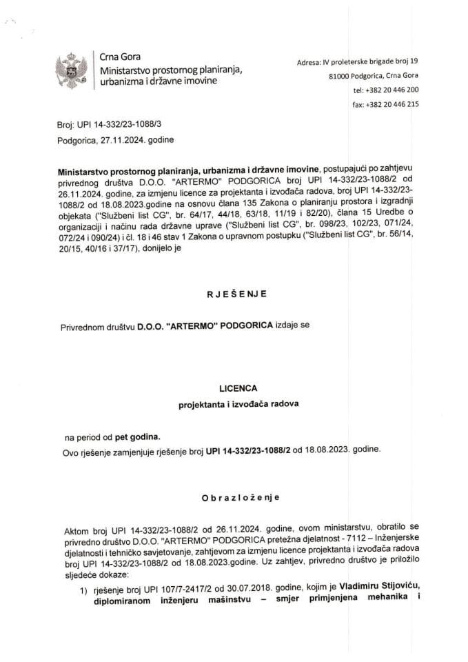 Licence projektanata i izvođača radova - UPI 14-332-23-1088-3 DOO ARTERMO