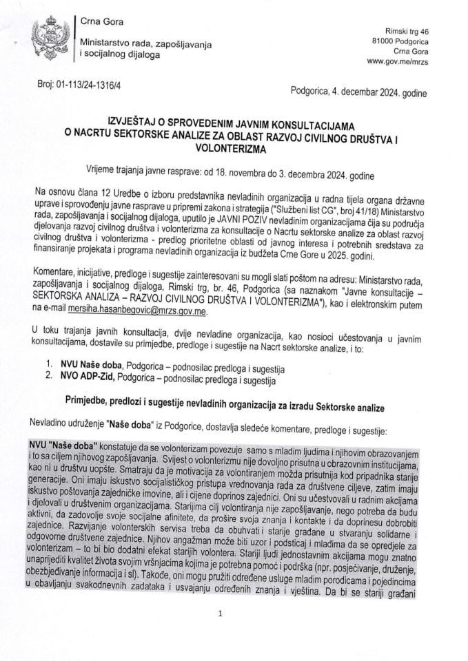 Izvještaj o sprovedenim javnim konsultacijama za oblast razvoj civilnog društva i volonterizma za 2025. godinu