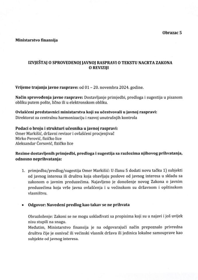 Извјештај о спроведеној јавној расправи о тексту Нацрта Закона о ревизији