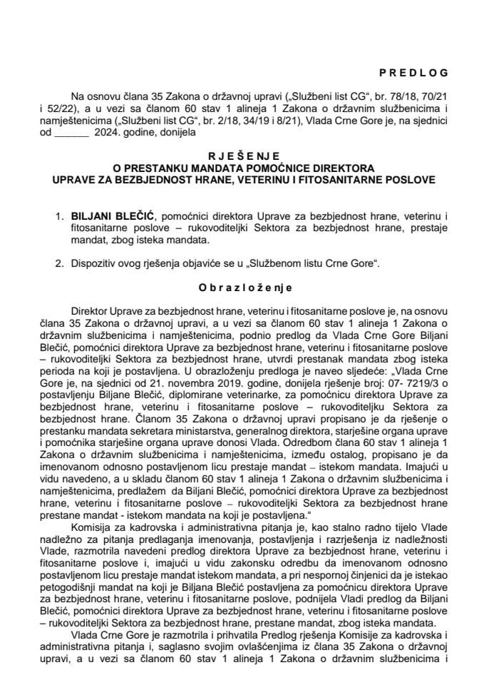 Predlog za prestanak mandata pomoćnice direktora Uprave za bezbjednost hrane, veterinu i fitosanitarne poslove