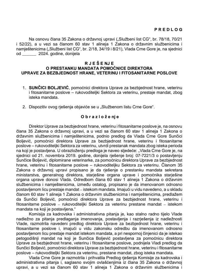 Predlog za prestanak mandata pomoćnice direktora Uprave za bezbjednost hrane, veterinu i fitosanitarne poslove