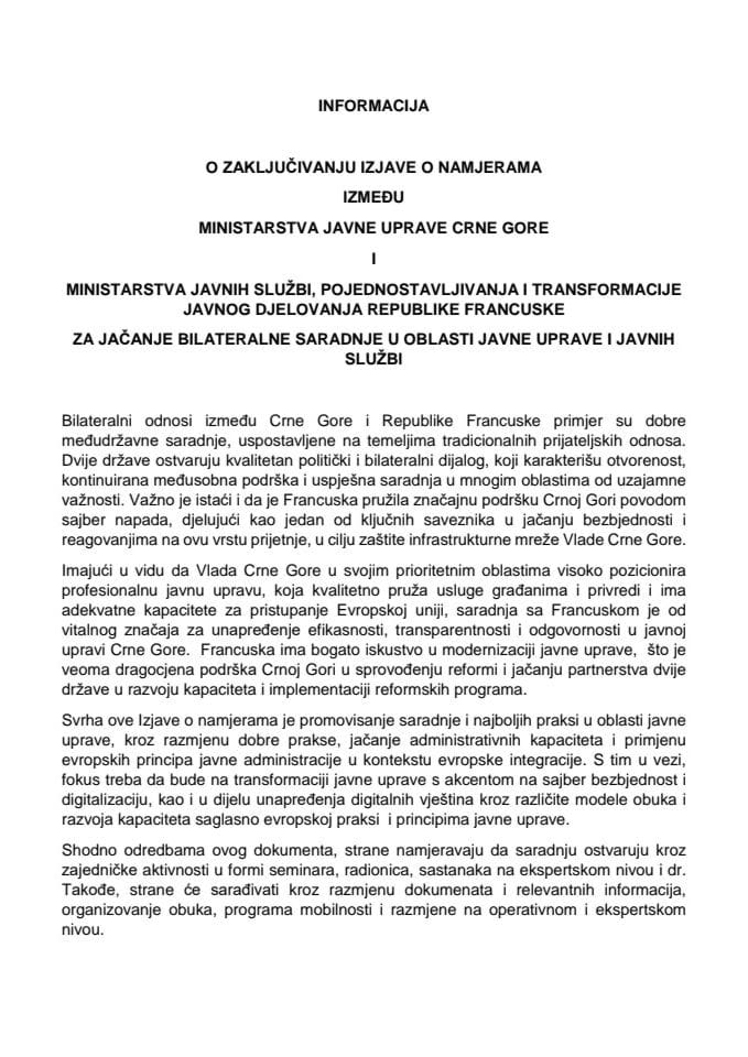 Информација о закључивању Изјаве о намјерама између Министарства јавне управе Црне Горе и Министарства јавних служби, поједностављивања и трансформације јавног дјеловања Републике Француске за јачање билатералне сарадње