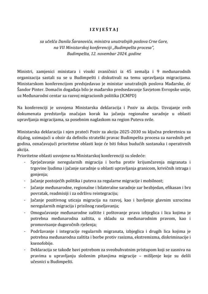 Извјештај са учешћа Данила Шарановића, министра унутрашњих послова, на VII Министарској конференцији „Будимпешта процеса“, Будимпешта, 12. новембар 2024. године