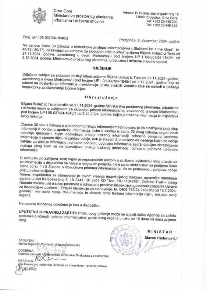 Rješenja - Slobodan pristup informacijama - UP I 08-037-24-1840-2 Rješenje SPI Biljana Bulajić