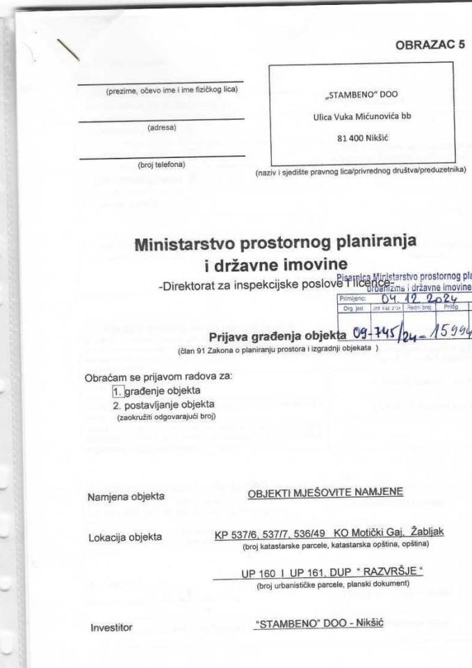 Prijava građenja objekta - STAMBENO DOO 09-745-24-15994-1