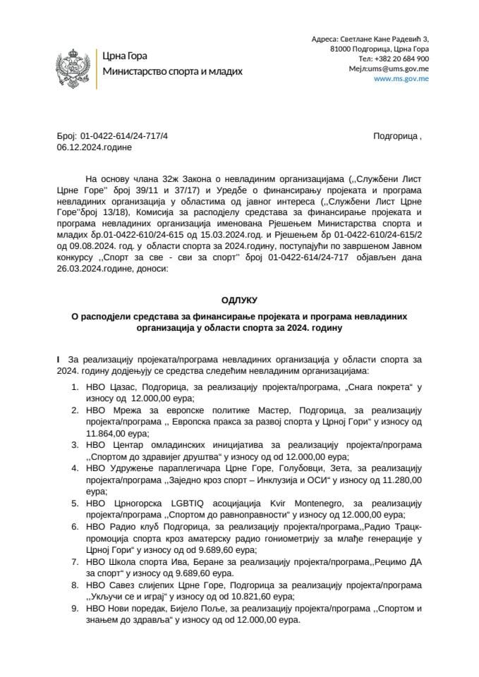 Odluka o dodjeli srdstava NVO sport