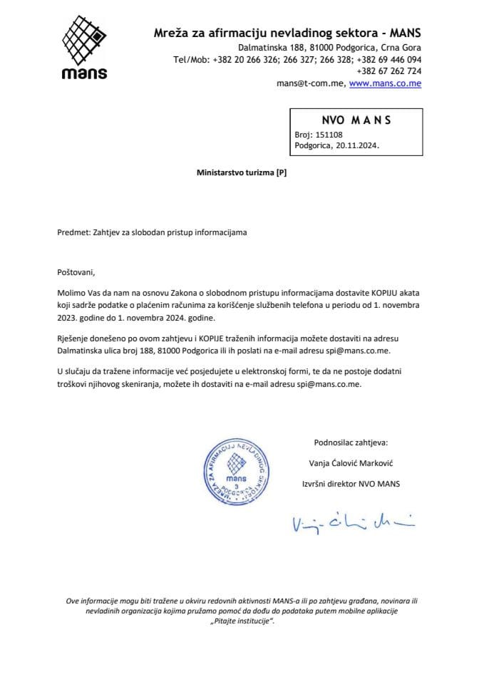 Informacije kojima je pristup odobren po osnovu zahtjeva br UPI 1111-037-24-1327-1 - Mreža za afirmaciju nevladinog sektora - MANS od 20.11.2024. godine