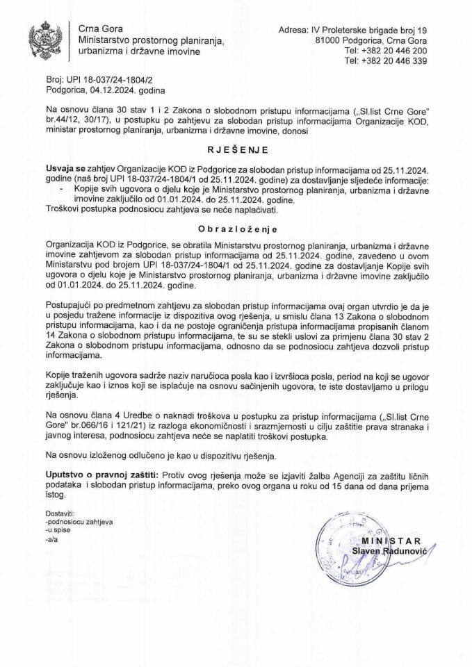 Rješenja - Slobodan pristup informacijama - UPI 18-037-24-1804-2 Kod Rješenje