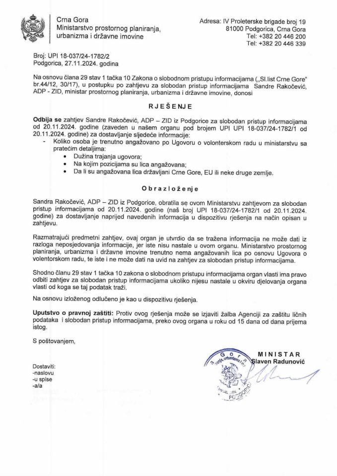 Rješenja - Slobodan pristup informacijama - UPI 18-037-24-1782-2 Sandra Rakočević Rješenje