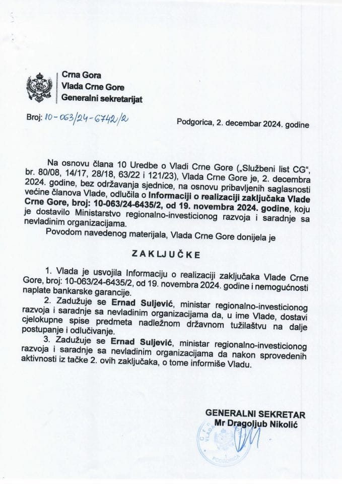 Informacija o realizaciji zaključaka Vlade Crne Gore, broj: 10-063/24-6435/2, od 19. novembra 2024. godine - zaključci