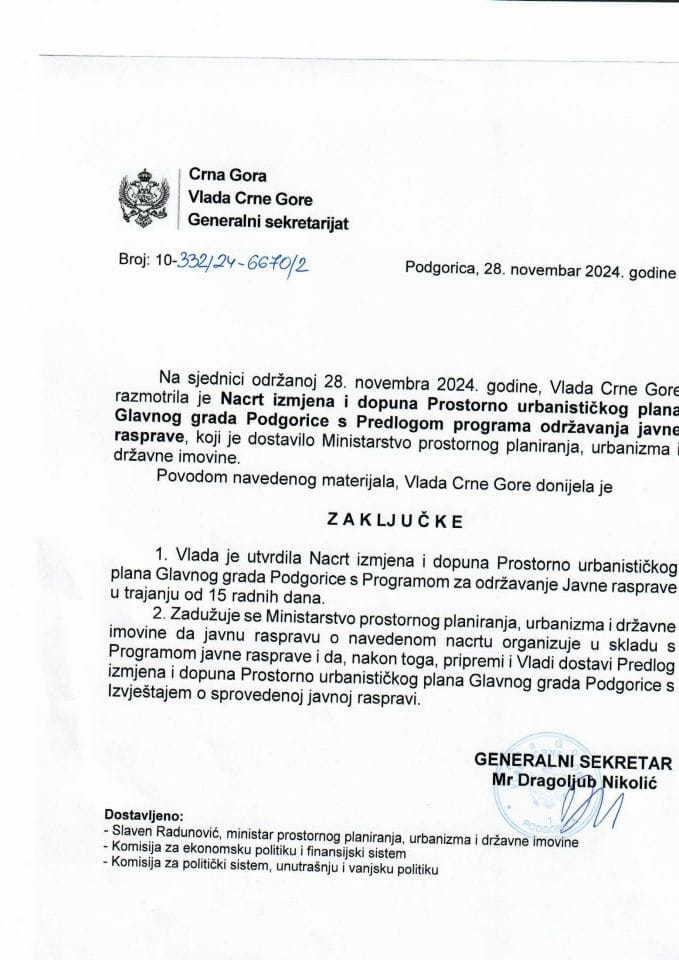 Нацрт измјена и допуна Просторно урбанистичког плана Главног града Подгорице с Предлогом програма одржавања јавне расправе - закључцо
