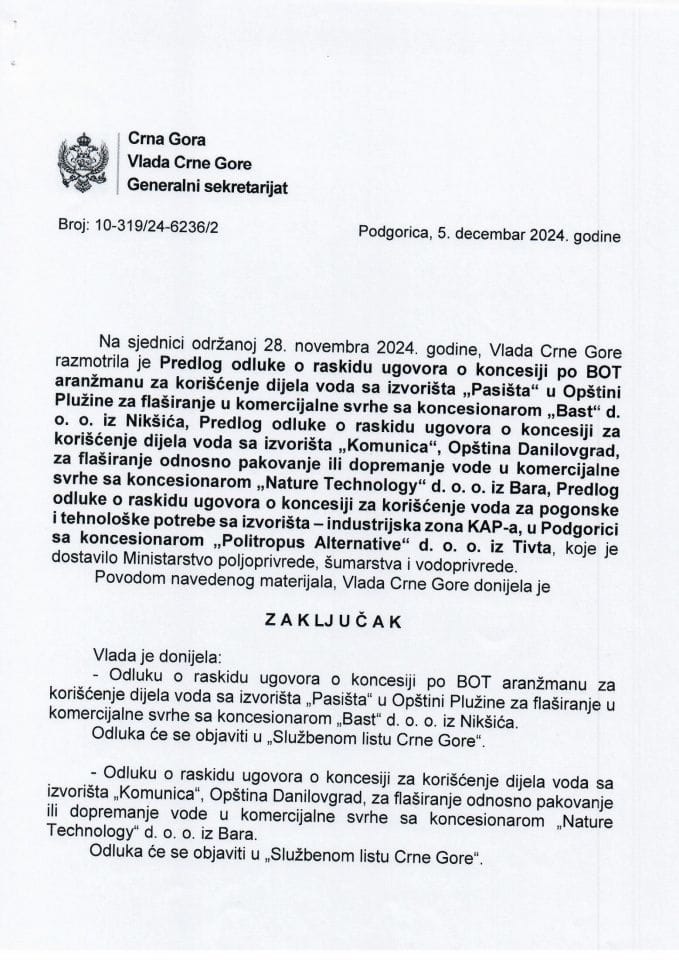 Предлози одлука о раскиду Уговора о концесијама (без расправе) - закључци