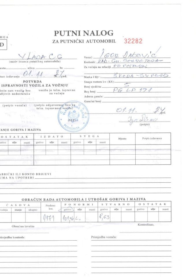 Putni nalozi za korišćenje službenih vozila u periodu od 01.11. do 30.11.2024. godine